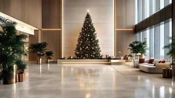 A large christmas tree is in the lobby of a building photo