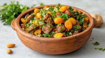 Meat and vegetables in a bowl with parsley photo