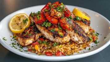 Grilled chicken with rice and vegetables on a white plate photo