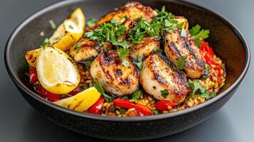 A bowl of food with grilled scallops and vegetables photo