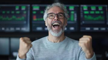 A man with glasses and a beard is celebrating in front of a computer screen photo