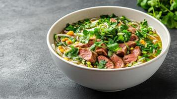 A bowl of beef and vegetables with herbs photo