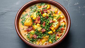 A bowl of soup with corn, potatoes and bacon photo