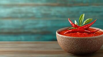 A bowl of chili sauce with chili peppers on a wooden table photo