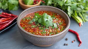 Chili sauce in a bowl with cilantro and chili peppers photo