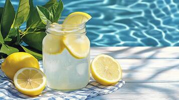 A glass jar with lemon slices and a towel next to a pool photo