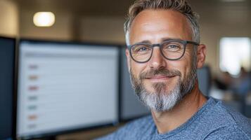 A man with glasses and a beard is sitting in front of two computer monitors photo
