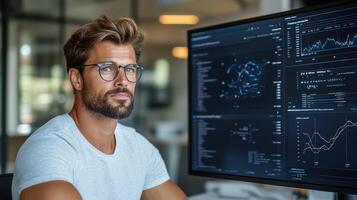 A man in glasses is looking at a computer screen with graphs photo