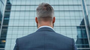 A man in a suit and tie looking at a building photo