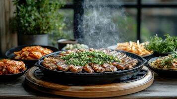 A table with various dishes of food on it photo