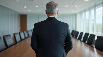 A man in a suit is standing in front of a conference table photo
