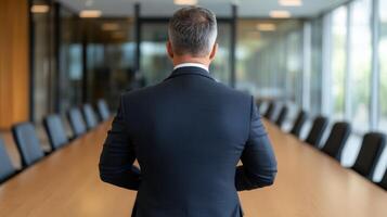 Rear view of businessman in business suit standing in conference room photo