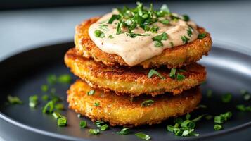 A stack of potato cakes with a dip on top photo
