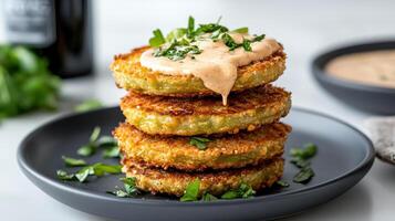 A stack of fried green tomatoes with a dip photo