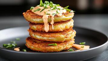 A stack of fried green tomatoes with a sauce on top photo