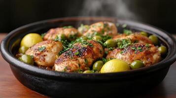 A bowl filled with chicken and olives photo