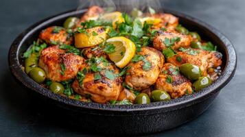 A bowl of chicken and olives with a lemon slice photo