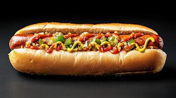 A hot dog with ketchup and mustard photo
