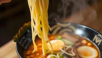 a bowl of ramen with chopsticks sticking out of it photo