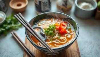 a bowl of soup with chopsticks on a cutting board photo