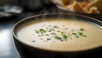 a close up of a bowl of soup on a table photo