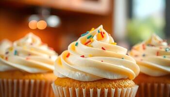 three cupcakes with white frosting and sprinkles photo