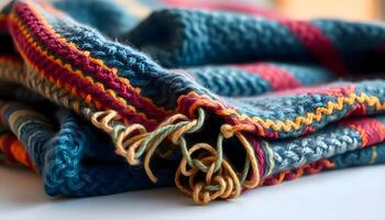 a pile of multicolored crocheted blankets folded on top of each other photo