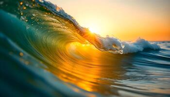 the sun is setting behind a wave in the ocean photo