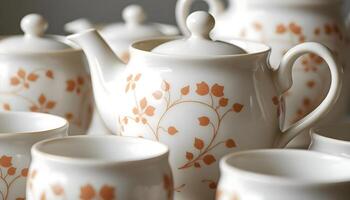 a close up of a tea set on a table photo