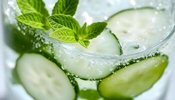 cucumber slices and mint in a glass of water photo