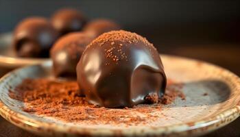 a close up of a plate of chocolates on a table photo