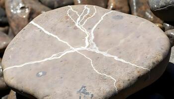 a rock with white lines on it sitting on some rocks photo