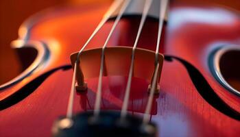 a close up of a red violin with strings photo