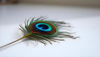 a close up of a peacock feather on a table photo
