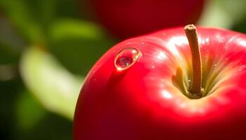 a close up of a red apple with drops of water on it photo