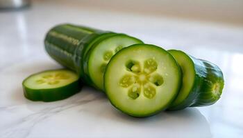 a cucumber cut in half sitting on a counter photo