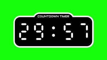Countdown timer from 30 minute to 29 minute with digital display and green screen background suitable for technology, business, productivity, presentations, websites, and social media video