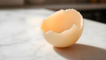 an egg shell on a marble counter top photo