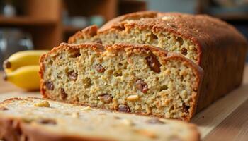 a loaf of banana bread sitting on top of a wooden cutting board photo