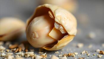 a close up of a peeled nut on a table photo