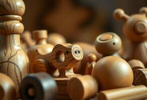 group of wooden toys sitting on top of a table photo