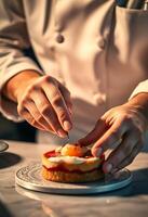 person in a chef's uniform preparing food on a plate photo