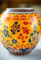 yellow and blue vase sitting on top of a table photo