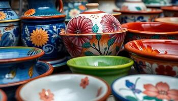 table topped with lots of colorful bowls photo