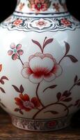 white vase with red flowers painted on it photo