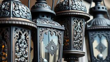 group of old fashioned lanterns hanging from a ceiling photo