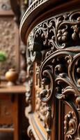 close up of a wooden carving on a table photo