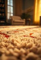 close up of a carpet with a chair in the background photo