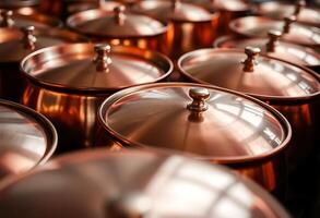 bunch of copper pots sitting on top of a table photo