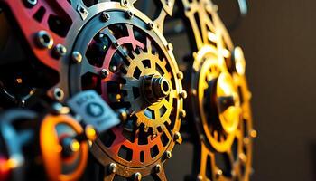close up of a clock with many gears photo